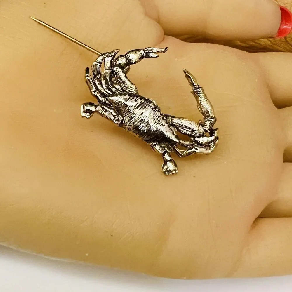 Vintage Jolle Crab Brooch Pinback Cancer June July Birthday Silver Tone 1497